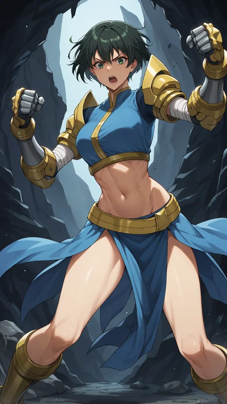 score_9,score_8_up,score_7_up,score_6_up, source_anime, girl, dynamic pose, fighting stance, <lora:Seo Jiwoo - Pony:0.8>, seo_jiwoo_sl, short hair, dark green hair, bangs, green eyes, blue top, midriff, yellow armor, yellow shoulder pads, wrapped arms, bandaged arm, gloves, armored gloves, iron gloves, blue loincloth, pelvic curtain, gold waistband, bare legs, motion lines, dark cave, stalactite, stalagmite, rock,