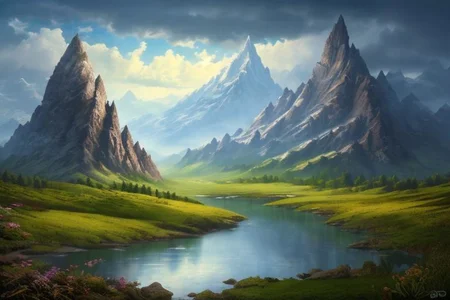 RAW photo, (masterpiece:1.3), subsurface scattering, heavy shadow, (high quality:1.4), (intricate, high detail:1.2), professional photography, HDR, High Dynamic Range, realistic, ultra realistic, photorealistic, high resolution, film photography, ambient lighting, atmospheric effects, <lora:detail_slider_v4:2>, OverallDetail, epic medieval fantasy, cloudy sky, day, fanmou, forest, mountain, nature, outdoors, reflection, sky, water, <lora:Fantasy_Mountains:1>, epiCPhoto