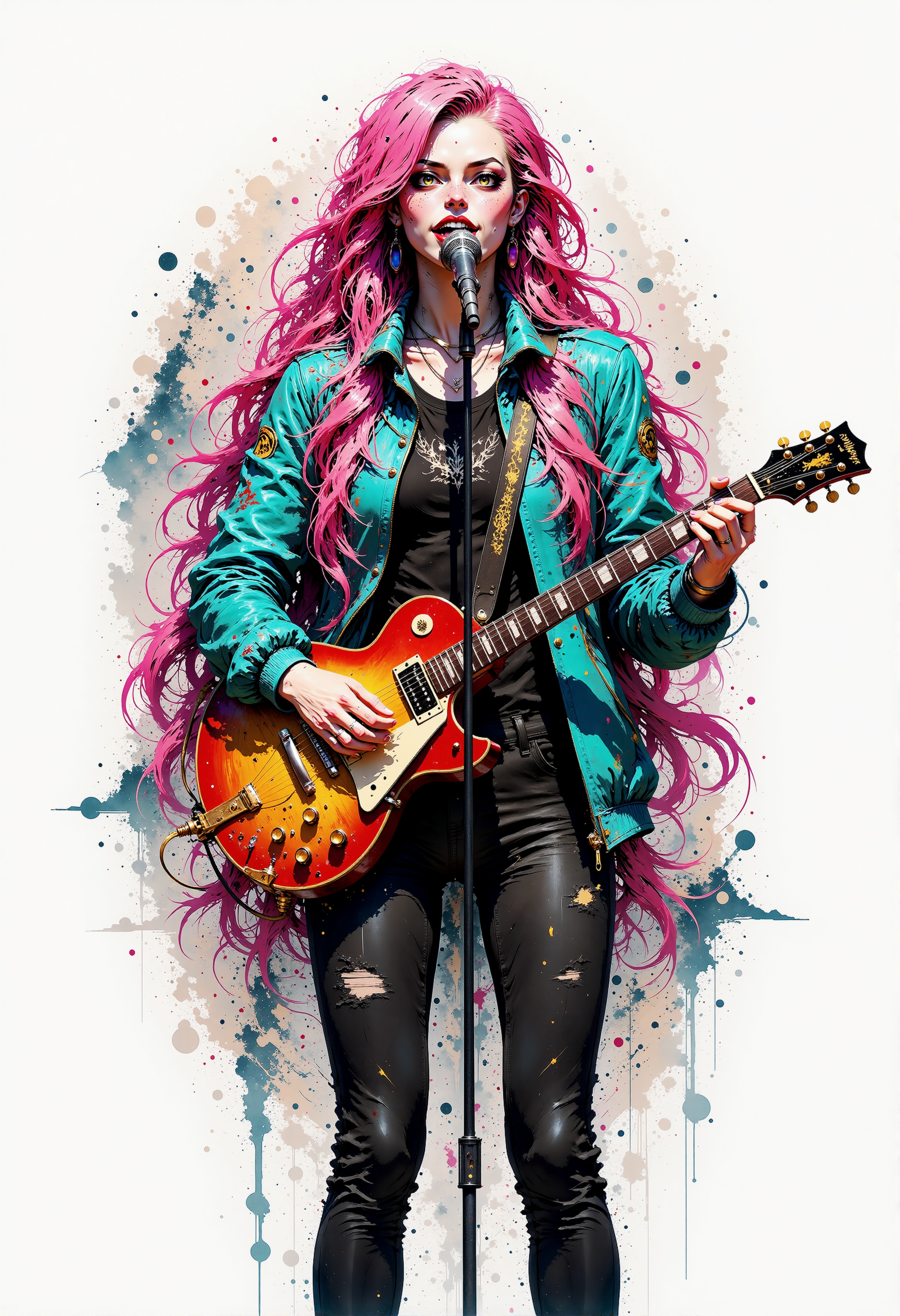 MysticSplash. Ink-splash-style. A vivid colored sketch of a girl in her late teens with very long pink hair wearing a blue jacket and black jeans standing whilst holding an eletric guitar and singing into a microphone.<lora:Flux/MysticSplash.safetensors:1.0:1.0>