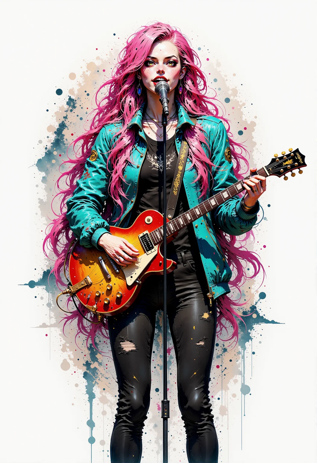 MysticSplash. Ink-splash-style. A vivid colored sketch of a girl in her late teens with very long pink hair wearing a blue jacket and black jeans standing whilst holding an eletric guitar and singing into a microphone.<lora:Flux/MysticSplash.safetensors:1.0:1.0>