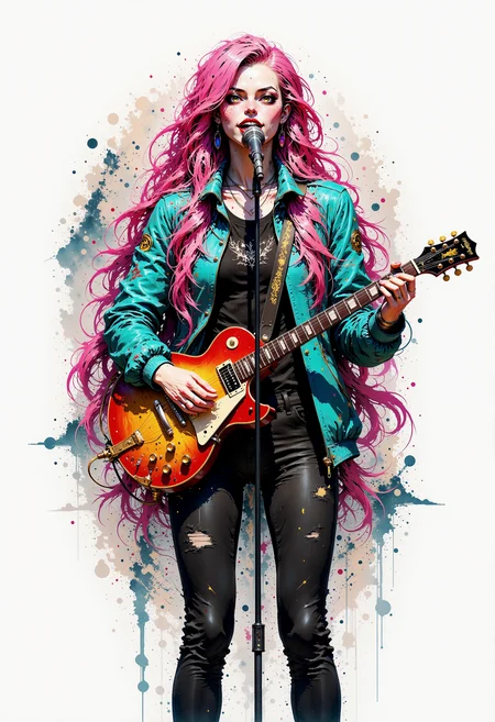 MysticSplash. Ink-splash-style. A vivid colored sketch of a girl in her late teens with very long pink hair wearing a blue jacket and black jeans standing whilst holding an eletric guitar and singing into a microphone.<lora:Flux/MysticSplash.safetensors:1.0:1.0>