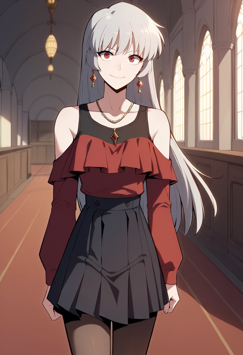 score_9, score_8_up, score_7_up,
<lora:SoloMaxLevelNewbie_AliceXL:0.8>, AliceSMLN,
1girl, solo, closed mouth, light smile,
grey hair, long hair, red eyes,
AliceParty, red shirt, black tank top, shirt tucked in, black skirt, high-waist skirt, pleated skirt, bare shoulders, off shoulder, collarbone, long sleeves, black pantyhose, earrings, necklace, frills, 
walking, looking at the viewer,
indoors, ballroom