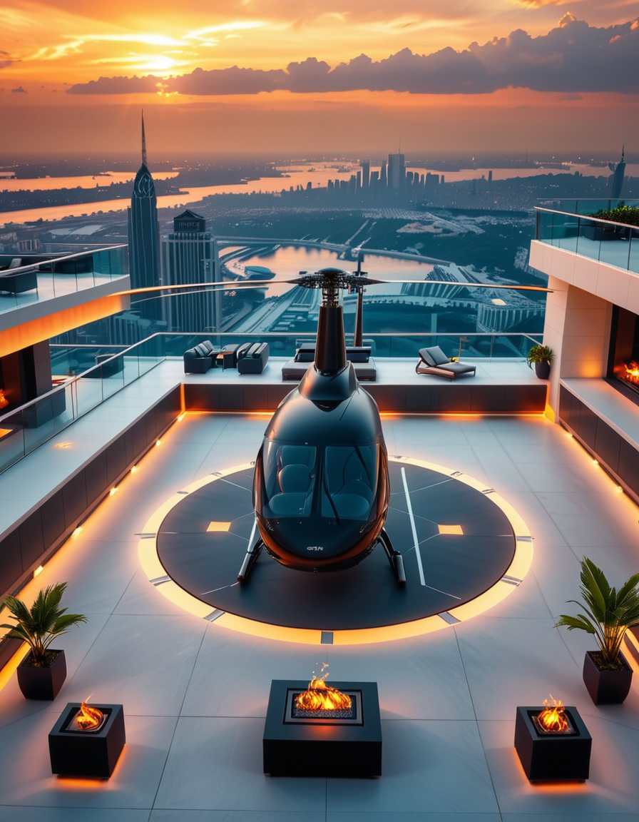A high-resolution photo of a luxurious rooftop of a five-star hotel at sunset, featuring a sleek helipad with a high-end, matte-black private helicopter elegantly parked. The rooftop is designed with ultra-modern architecture, featuring a spacious terrace with infinity-edge glass railings, ambient lighting, and a panoramic city skyline in the background. The surface of the helipad is clean, polished concrete with clear illuminated markings. Surrounding the helipad, there are lounge areas with modern outdoor furniture, minimalist fire pits, and decorative planters with tropical greenery. The lighting is warm and golden, casting soft shadows and highlighting the contours of the helicopter and the textures of the rooftop. The sky is dramatic, painted with hues of orange, pink, and violet, creating a cinematic atmosphere of luxury and exclusivity. The overall mood is elite, calm, and aspirational, showcasing the ultimate in urban luxury lifestyle.
<lora:SDXLFaeTastic2400:0.4> <lora:extremely_detailed:0.4> extremely detailed, <lora:helipad_r00ft0p:1>,helipad r00ft0p, Masterpiece,best quality,hi res,8k,hi res,8k,award winning,(sharp focus, intricate, highly detailed),