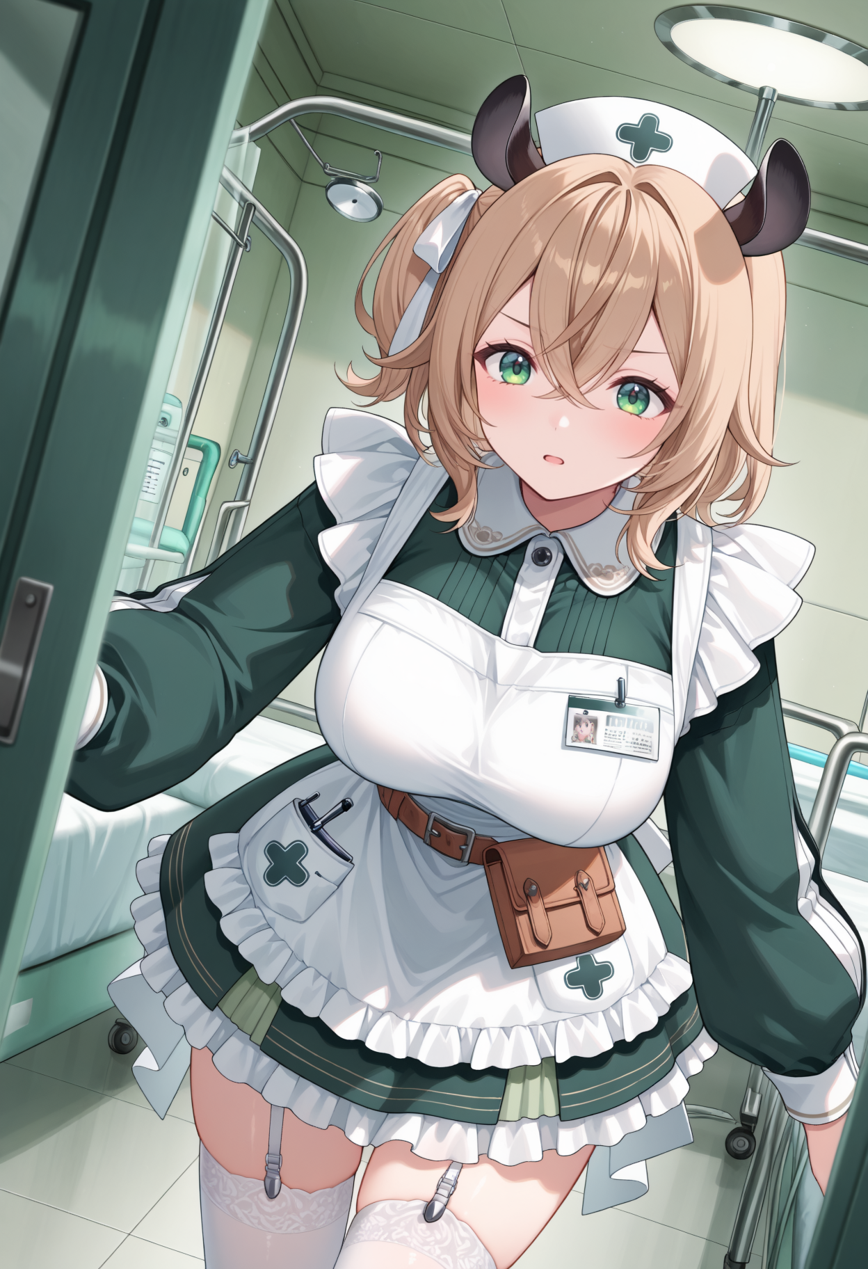 general, masterpiece, best quality, 1girl, solo, BREAK
(hospital emergency room, flashing monitors, tense atmosphere), (rushing forward, one hand gripping a medical bag, coat billowing slightly), (mid-range shot, dynamic angle, slight motion blur for realism), (determined gaze, focused expression, high-stakes urgency),
BREAK
 <lora:Nimi Nightmare:1> blonde hair, tapir ears, green eyes, large breasts,
niminurse, frills, collared dress, green dress, puffy long sleeves, white apron, pocket, belt, belt pouch, white thighhighs, garter straps, nurse cap, white headwear, hair ribbon, white ribbon, name tag, 
medium hair, crossed bangs, side ponytail,