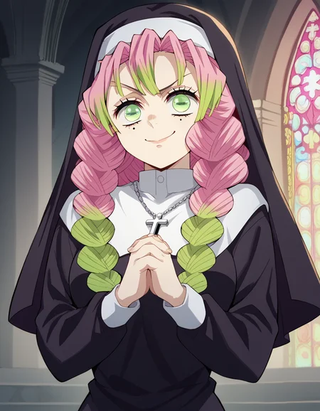 score_9, score_8_up, score_7_up, source_anime, <lora:mitsuri-kanroji-anime-ponyxl-lora-nochekaiser:1>, mitsuri kanroji, braid, gradient hair, green eyes, green hair, long hair, mole, mole under eye, multicolored hair, pink hair, twin braids, two-tone hair, large breasts, <lora:traditional-nun-ponyxl-lora-nochekaiser:1>, traditional nun, nun, habit, long sleeves, dress, black dress, jewelry, black veil, cross, cross necklace,, church, smug, praying,, cowboy shot