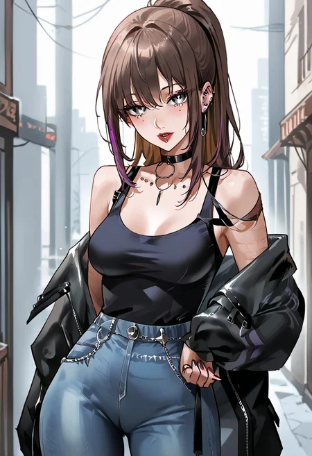 score_9, score_8_up, score_7_up, score_6_up, 1girl, expulse, medium hair, side-swepped bangs, brown hair, purple streaks, ponytail, BREAK, grey eyes, short neck, gorgeous lips, ear piercings, BREAK, medium breasts, pale skin, BREAK, solo, alone, black tanktop, tight jeans, sexy gal, no make-up (masterpiece:1.2), best quality, high resolution, unity 8k wallpaper, (illustration:0.8), (beautiful detailed eyes:1.6), extremely detailed face, perfect lighting, extremely detailed CG, (perfect hands, perfect anatomy),