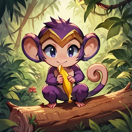 score_9, score_8, score_7, score_7_up, 1girl, monkeyshan, furry, monkey, no_nose, tail, purple_fur, circlet, multicolored_fur, jungle, crouching, on_log, holding banana, smile, chibi,