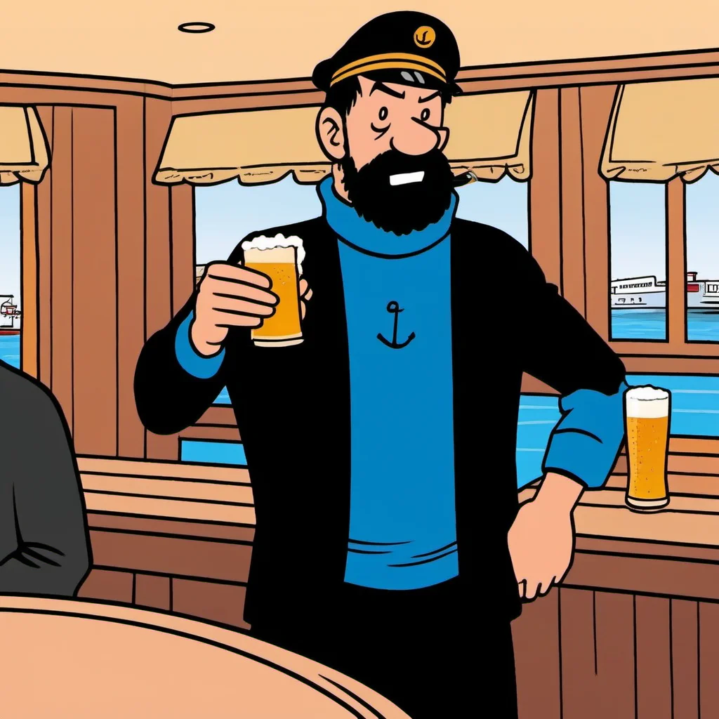 comic full body portrait man ,black hair, blue shirt, black jacket, blush, black pant, facial hair, aving a beer in a cruiseboat pub <lora:Haddock1024:0.8> . graphic illustration, comic art, graphic novel art, vibrant, highly detailed