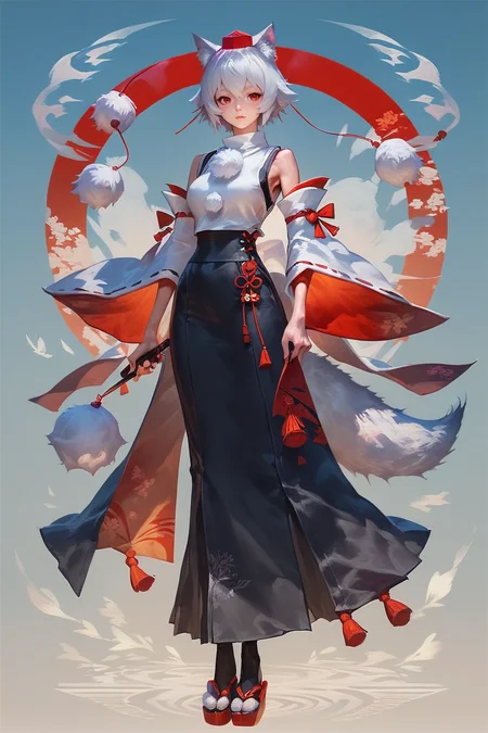 score_9, score_8_up, score_8, score_9, 1 girl, source_anime, <lora:inubashiri_momiji_pony-10:0.8> inubashiri momiji, white hair, short hair, wolf ears, tokin hat, pom pom \(clothes\), red eyes, full body, black skirt, <lora:Concept Art Eclipse Style LoRA_Pony XL v6:0.8> concept art, realistic, <lora:bettershading:0.8>