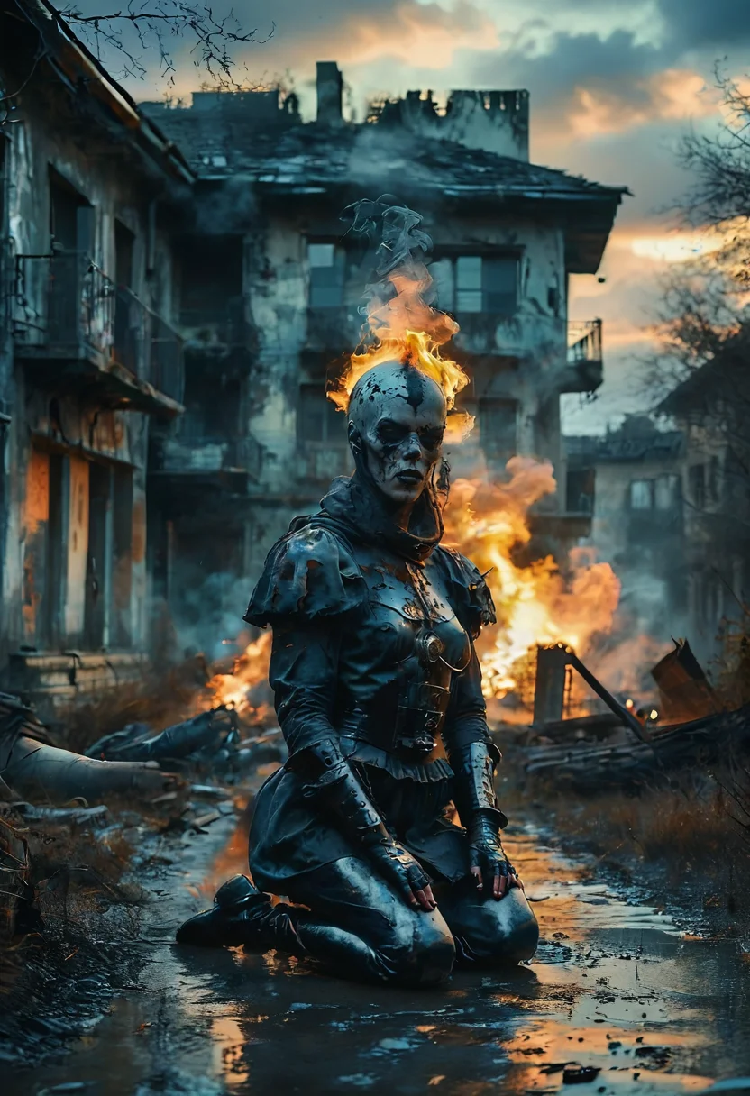 (Full body photograph, ultra-realistic:1.2). score_9, score_8_up, score_7_up, female gothic sexbomb knight , portrait, kneeling, defeated, tired, gothic armor, open helmet, temple, reflections, highly detailed, film grain, <lora:zy_Realism_Enhancer_v1:0.75>
BREAK scenery. sky. outdoors. cloud. fire. building. tree. burning. cloudy sky. smoke. sunset. nature. city. cityscape. blue sky. The photograph captures a moment during sunset with dramatic cloud formations that are tinged by fiery oranges and deep purples against an otherwise muted sky.
<lora:MoodySky_set2:0.67:0.33>