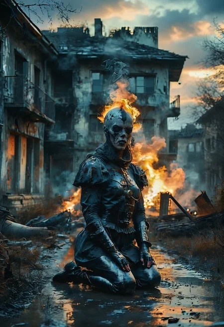 (Full body photograph, ultra-realistic:1.2). score_9, score_8_up, score_7_up, female gothic sexbomb knight , portrait, kneeling, defeated, tired, gothic armor, open helmet, temple, reflections, highly detailed, film grain, <lora:zy_Realism_Enhancer_v1:0.75>
BREAK scenery. sky. outdoors. cloud. fire. building. tree. burning. cloudy sky. smoke. sunset. nature. city. cityscape. blue sky. The photograph captures a moment during sunset with dramatic cloud formations that are tinged by fiery oranges and deep purples against an otherwise muted sky.
<lora:MoodySky_set2:0.67:0.33>