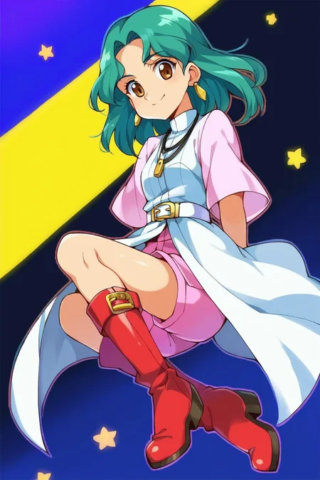 score_9, score_8_up, score_7_up, score_6_up, score_5_up, score_4_up, masterpiece, high quality, BREAK, full body, BREAK, <lora:Jewls(Bakugan):0.8> green hair, brown eyes, black necklace, yellow earrings, white robe, pink sleeves, pink shorts, white belt, red boots,