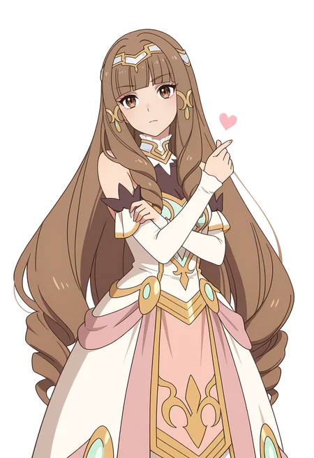 Smooth Quality,masterpiece,very intricate, high quality details, ultra realistic, high detailed skin,detailed enviorement,
white background, simple background,
from side,=v=,finger heart,standing, arms crossed, head tilt, serious, balanced stance, confident, ,
<lora:Klyrode_Elizabeth_Cinabrio:0.8> klyrodeelizabeth/cnn, 1girl,brown hair, long hair,brown eyes, blunt bangs, very long hair,
drill hair, princessdress/cnn, tiara,jewelry,hair ornament,