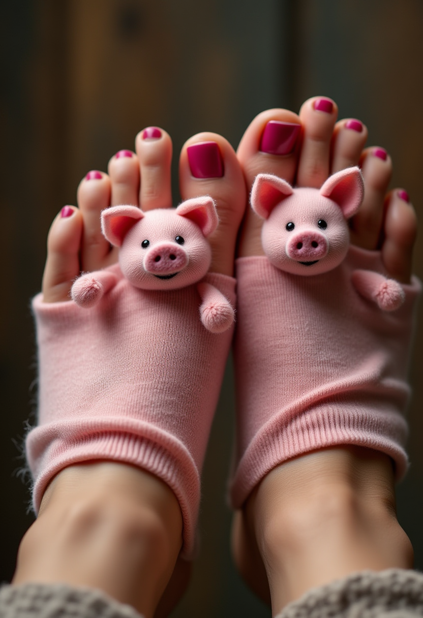 a woman pov, she's delicately painting her little toes that are artistically shaped as little sock puppet piggies. the first little piggy went to market, the second little piggy stayed home, the third little piggy had roast beef, the fourth little piggy had none, the last little piggy cried wee wee wee all the way home <lora:Dever_Flux_Enhancer:0.5>