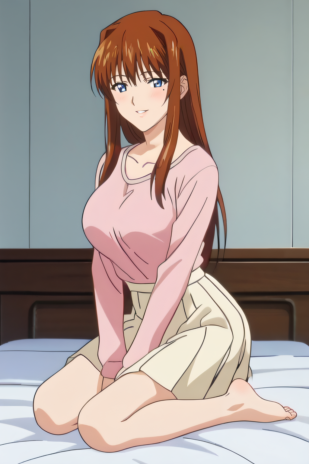 score_9, score_8_up, score_7_up, source_anime, rating_safe, intricate details, anime screencap, official style, 1girl, solo, <lora:Kyoko_Sano:1>, kyouko, bright brown hair, long hair, blue eyes, mole under eye, pink shirt, light brown skirt, collarbone, large breasts, barefeet, looking at viewer, smile, indoor, full body, hands on own knees, parted lips, naughty face, kneeling, side view, on bed, blush