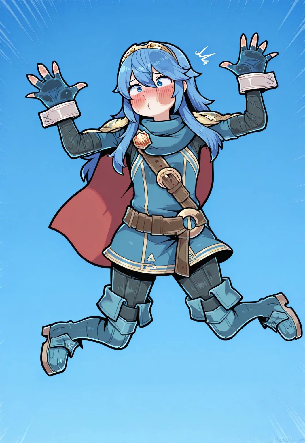 ,masterpiece,extremely detailed,best quality,amazing quality,newest,absurdres,highres, super detailed skin,1 girl, solo, dfLuc, long hair, tiara, cape, shoulder armor, blue tunic, long sleeves, cuffs, blue scarf, fingerless gloves, belt, pants, thigh boots, embarrassed, screenko, full_body,dutch angle, blue_background
