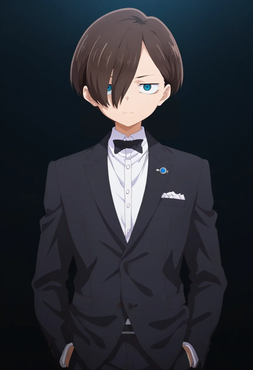masterpiece, best quality, intricate details, anime screencap, anime coloring, official style, looking at viewer, 1boy, solo, male focus, <lora:kyoutarou_ichikawa_ilxl:0.96>, kyoutarou_ichikawa, brown hair, blue eyes, short hair, hair over one eye, bangs, studio with black background, in formal attire, hands in pockets, serious expression, controlled lighting,