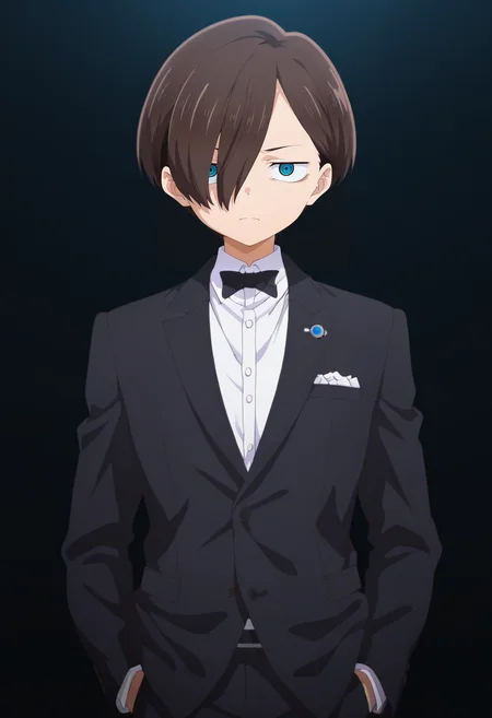masterpiece, best quality, intricate details, anime screencap, anime coloring, official style, looking at viewer, 1boy, solo, male focus, <lora:kyoutarou_ichikawa_ilxl:0.96>, kyoutarou_ichikawa, brown hair, blue eyes, short hair, hair over one eye, bangs, studio with black background, in formal attire, hands in pockets, serious expression, controlled lighting,