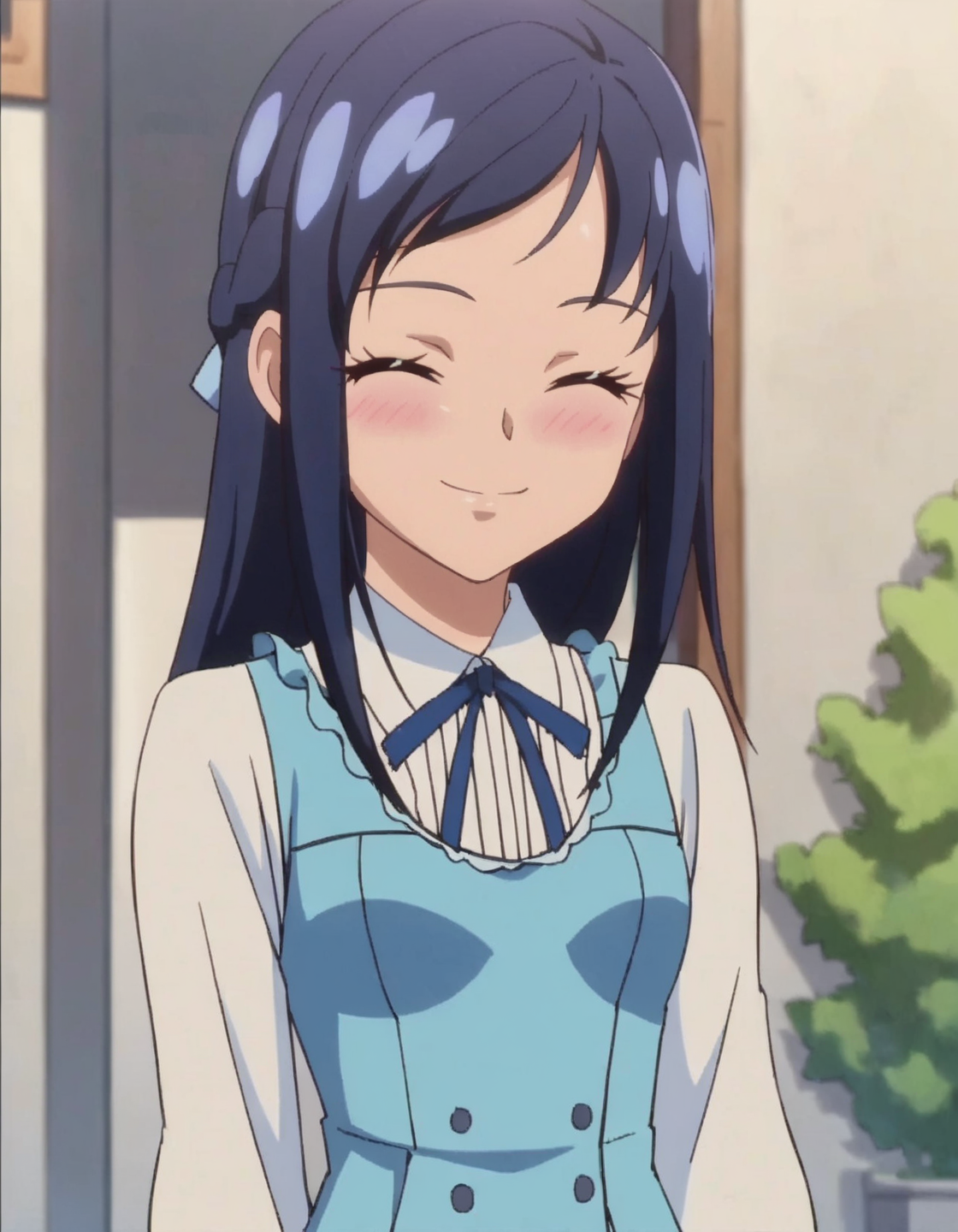 score_9, score_8_up, score_7_up, anime screencap, solo, 1girl, hishikawarikka, smile, dress, looking at viewer,  shirt, ribbon,cowboy shot,medium breasts,blush,closed eyes<lora:hishikawarikka:0.8>