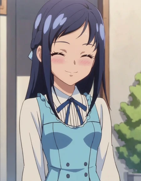 score_9, score_8_up, score_7_up, anime screencap, solo, 1girl, hishikawarikka, smile, dress, looking at viewer, shirt, ribbon,cowboy shot,medium breasts,blush,closed eyes<lora:hishikawarikka:0.8>