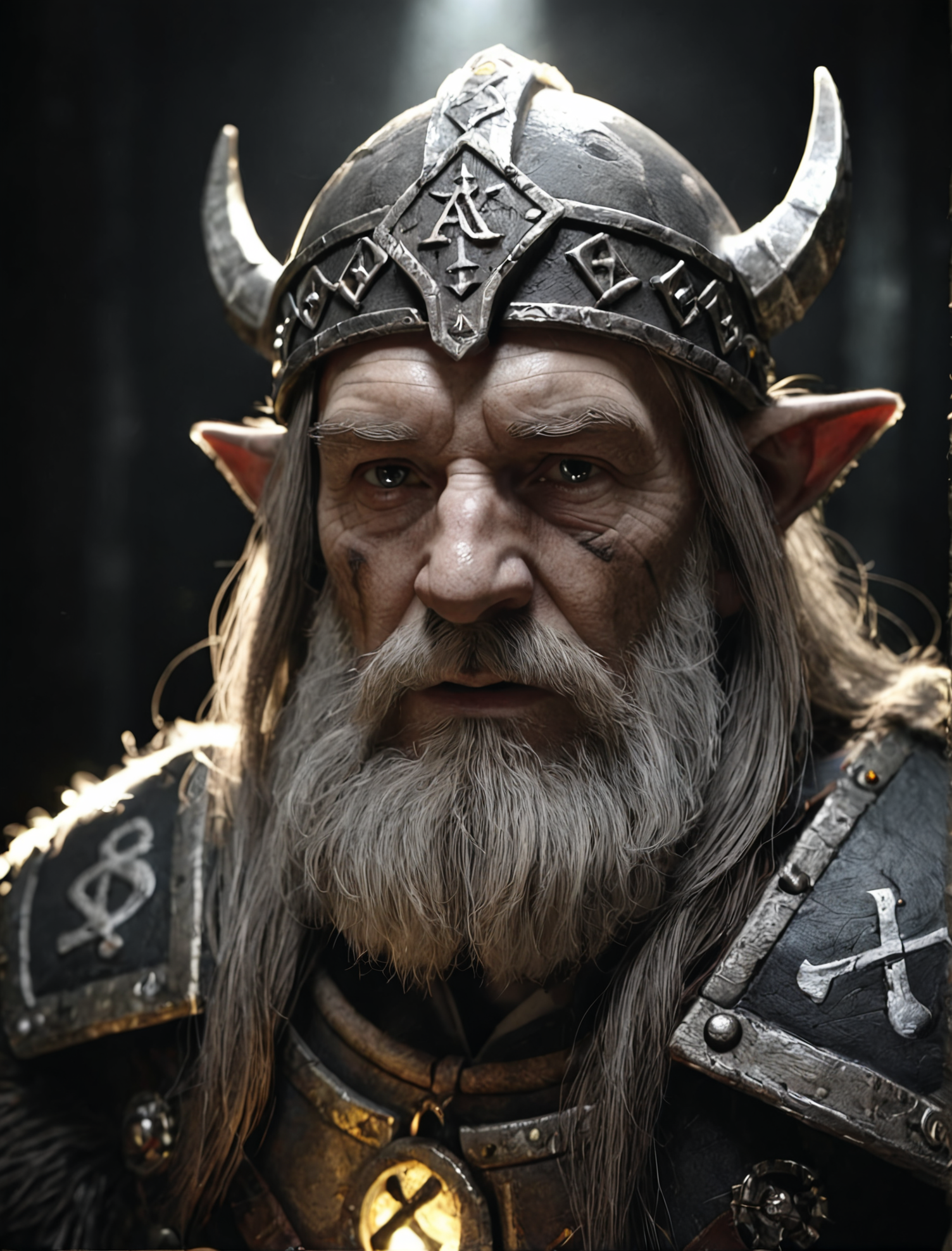 face shot, old dwarfen king, Photo, masterpiece, absurdres, dark atmosphere, glowing runes