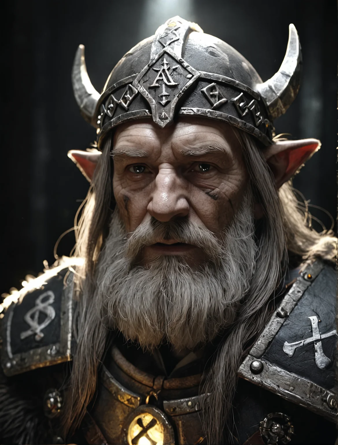 face shot, old dwarfen king, Photo, masterpiece, absurdres, dark atmosphere, glowing runes