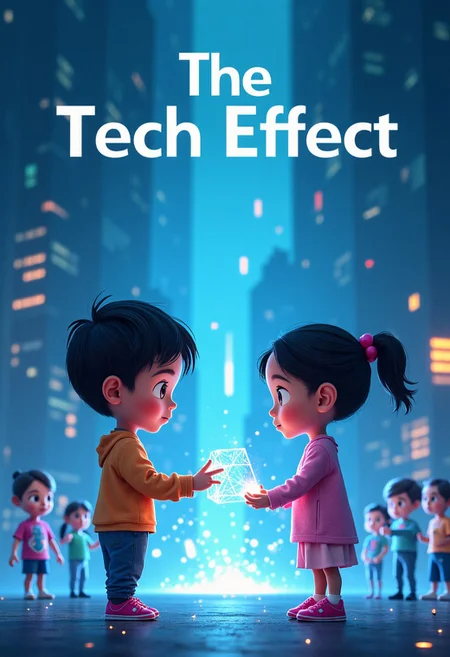 minimalist Disney-style characters, children interacting with futuristic glowing technology, holographic screens, digital devices floating around them, facial expressions showing curiosity and concern, bright vibrant colors, clean lines, subtle tech details, simple futuristic cityscape background, soft lighting, title text 'The Tech Effect' in bold, futuristic font, centered, cinematic style, magical and emotional atmosphere