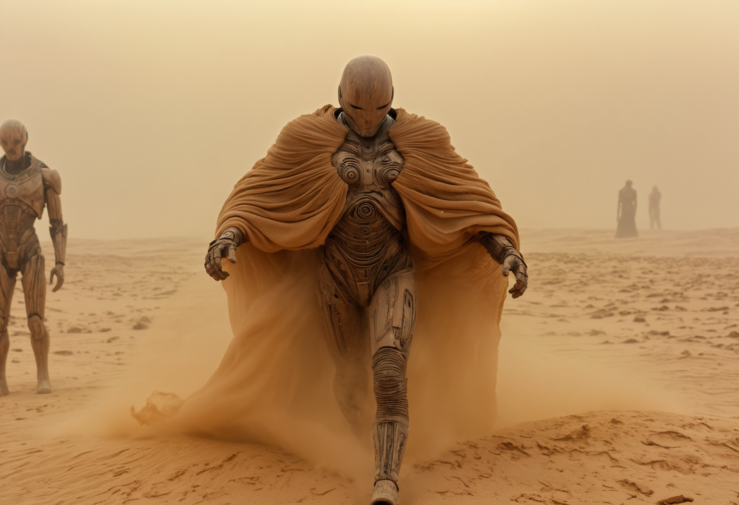 epic, cinematic shot, movie still from Dune movie cyborg humanoid (from behind) wearing rag torn coat looking at distant (portal to other dimension surrounded by energy field and:1.2) emitting orange light on the edges and (sucking desert sand inside creating sand storm and vortex:1.3), (warping time and space:1.2), (futuristic technology:1.2), rubble, stone, (shiny metal statues, metal wires, ancient artifacts:1.5), (glass wood and metal elements covered in dust and dirt:1.3),  sand, very detailed, wide angle, absurd art,  (cyborg, robot, electronics, plasma:1.3), 
<lora:add-detail-xl:0.9>,
<lora:b3ks1n:0.6> b3ks1n,
<lora:JuggerCineXL2:0.8> Film Still, Cinematic, Cinematic Lighting,
<lora:Dune_Movie_Loha2:0.2> Dune, directed by Denis Villeneuve, cinematic, movie, futuristic, sci-fi,
<lora:xl-shanbailing-1003fire:0.5> fire element,