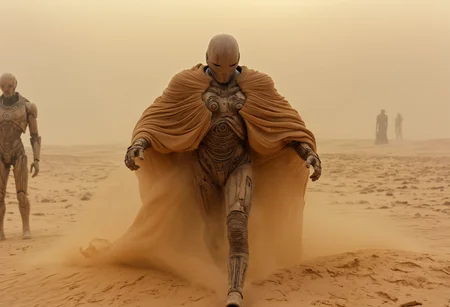 epic, cinematic shot, movie still from Dune movie cyborg humanoid (from behind) wearing rag torn coat looking at distant (portal to other dimension surrounded by energy field and:1.2) emitting orange light on the edges and (sucking desert sand inside creating sand storm and vortex:1.3), (warping time and space:1.2), (futuristic technology:1.2), rubble, stone, (shiny metal statues, metal wires, ancient artifacts:1.5), (glass wood and metal elements covered in dust and dirt:1.3), sand, very detailed, wide angle, absurd art, (cyborg, robot, electronics, plasma:1.3),
<lora:add-detail-xl:0.9>,
<lora:b3ks1n:0.6> b3ks1n,
<lora:JuggerCineXL2:0.8> Film Still, Cinematic, Cinematic Lighting,
<lora:Dune_Movie_Loha2:0.2> Dune, directed by Denis Villeneuve, cinematic, movie, futuristic, sci-fi,
<lora:xl-shanbailing-1003fire:0.5> fire element,