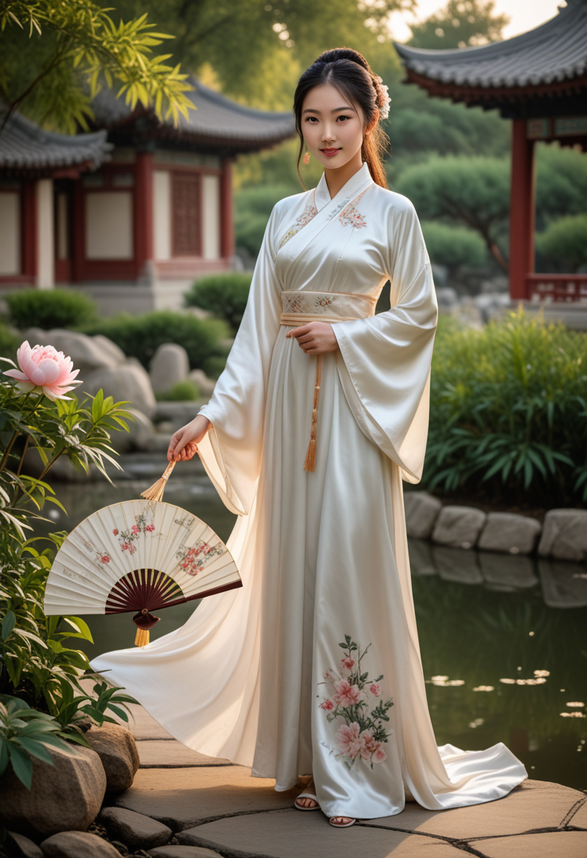 (medium full shot) of (serene Chinese young woman from the Tang Dynasty), wearing a white satin gown with simple designs, embroidered shoes, carrying a silk fan, flowing tresses hair, set in the ancient china, in  an elegant garden, featuring peonies, bamboo groves, ornate rockeries, tranquil water features, at sunset, woman smiling, Masterpiece,best quality, photo, realistic, very aesthetic, detailed face,