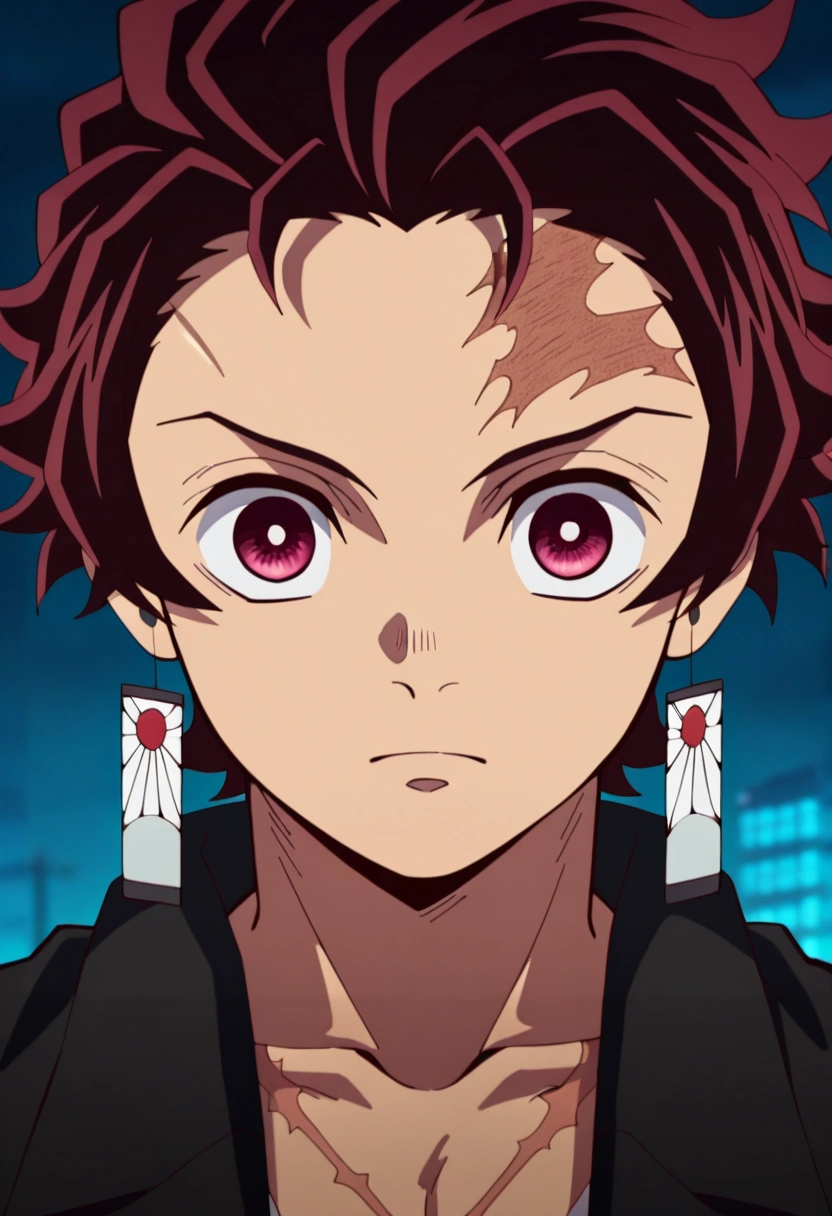 masterpiece, best quality, intricate details, anime screencap, anime coloring, , looking at viewer, , 1boy, solo, male focus, <lora:tanjirou_kamado_ilxl:0.92>, tanjirou_kamado, 1boy, red hair, red eyes, short hair, scar on forehead, , , zombie hunter costume