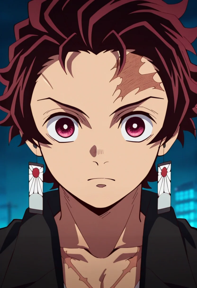 masterpiece, best quality, intricate details, anime screencap, anime coloring, , looking at viewer, , 1boy, solo, male focus, <lora:tanjirou_kamado_ilxl:0.92>, tanjirou_kamado, 1boy, red hair, red eyes, short hair, scar on forehead, , , zombie hunter costume