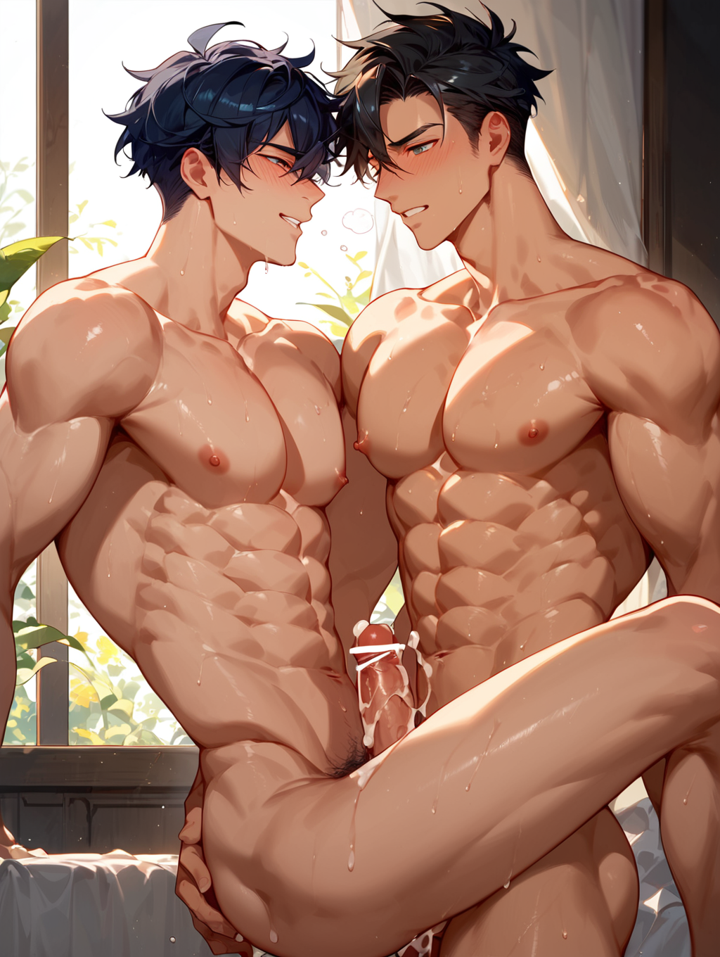 (score_9, score_8_up, score_7_up:1.33), ((source_anime, best quality, amazing quality, very NSFW, best aesthetic, absurdres)), 2boys, ExpressiveH, nipples, skinny male, slim sexy body, gay anal sex, Gay Standing 69, Warm light, bara, yaoi, black hair, blush, nude, testicles, penis, cum, <lora:Expressive_H:1>, <lora:aesthetic_anime_v1s:1>, <lora:MasculinitySlider:0.2>