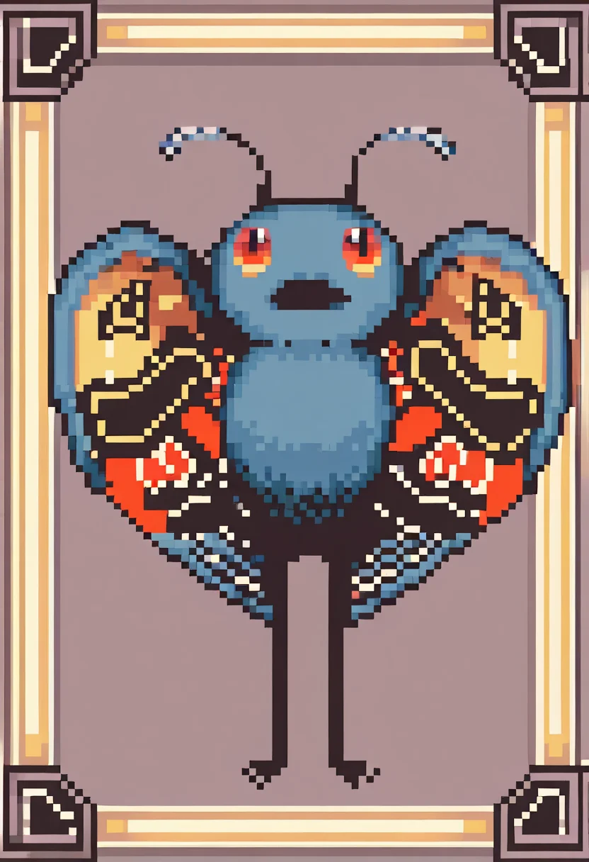 masterpiece, best quality, solo, looking at viewer, <lora:Mothman-illus_Fp:1>, mothman, pokemon \(creature\), no humans, wings, antennae, open mouth, pixel art, pixelated, simple background,