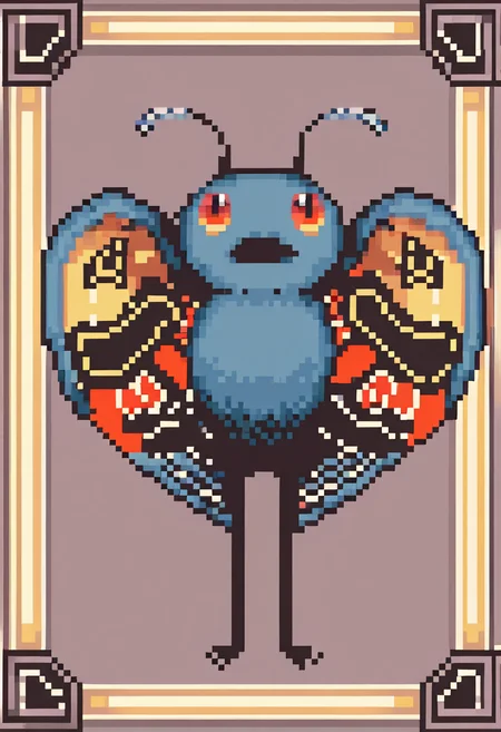 masterpiece, best quality, solo, looking at viewer, <lora:Mothman-illus_Fp:1>, mothman, pokemon \(creature\), no humans, wings, antennae, open mouth, pixel art, pixelated, simple background,
