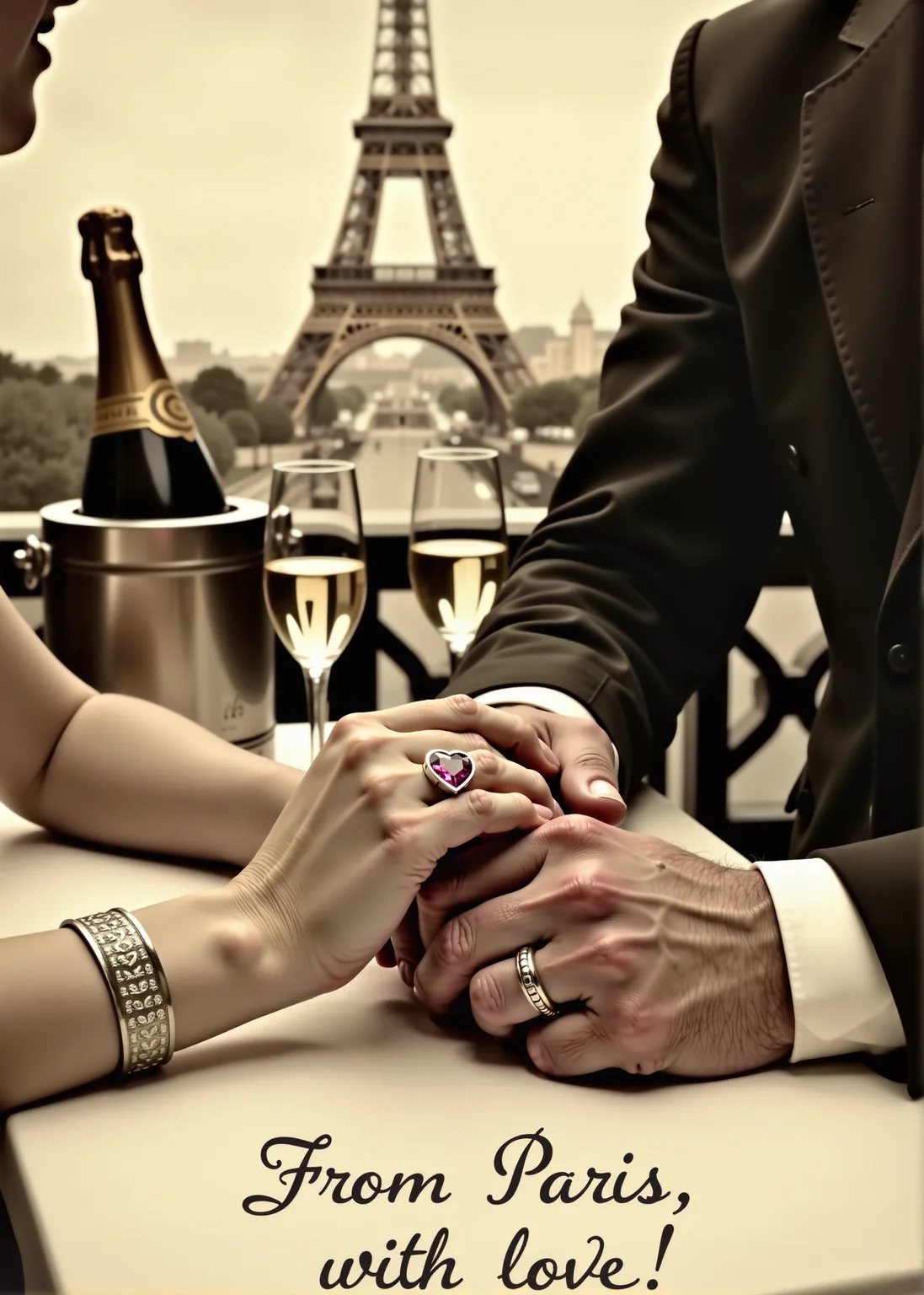sepia toned postcard from 1920' years of a (man and a woman holding hands:1.2) at a restaurant table, (the woman's hand squeezing the man's:1.2). (The woman's hand is wearing a heart-shaped, ruby-stone ring:1.2), (two champagne glasses on the table:1.2), (an open bottle of champagne inside a wine cooler on the middle of the table:1.2), (the Eiffel Tower in the background, in the middle:1.2). Handwritten caption on the image: From Paris, with love!