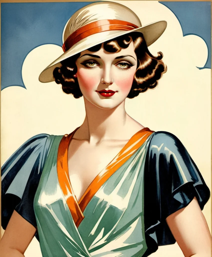 1920s commercial illustration of a gorgeous woman, magazine cover illustration from the 1920's, exaggerated realism, a hint of caricature