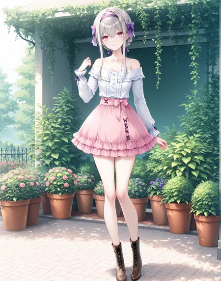 masterpiece,best quality,newest,absurdres,highres,soft shadows,year2024,mutou kurihito,(kimishima ao:0.7),(hiten \(hitenkei\):0.4),(sheya:0.4),
<lora:hibiki3in1XLNAI:1>,shino (\ensemble\),1girl,braid,grey hair,short hair,purple hairband,hair bow,purple bow,hair between eyes,pink eyes,sidelock,smile,
<lora:misakioffXLNAI:1>,offshirt,off-shoulder shirt,collarbone,microskirt,pink skirt,layered skirt,
full body,cross-laced footwear,large breasts,standing,garden,
