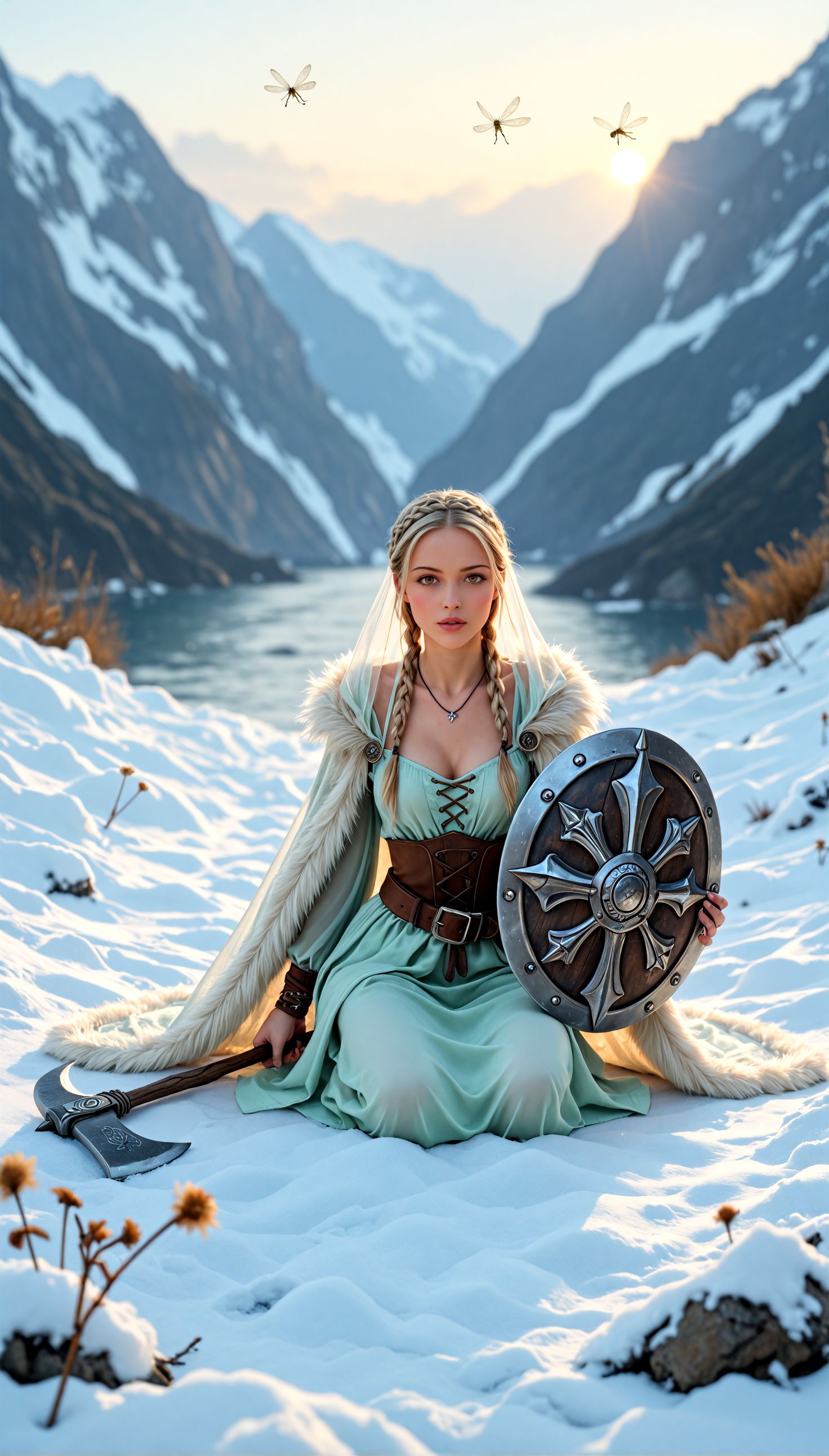 (photo realism, pr3tty_h4lluc1nat10ns),  <lora:NordicByNatureILL:0.8> nordicbynature,  Bella_Jockitch, (dynamic action pose:1.2), cleavage, (blonde, spring, crown braid, dragonflies), Clad in a cream tunic under a pale green overdress, braided hair in a crown style pinned with bone charms, belt of plaited rope, translucent linen veil, bone jewelry at her wrists, fur cloak nearby, a small shield and axe resting at her side, kneeling at a glowing rune spring within a stone circle, surrounded by carved totems, dragonflies flickering, a distant ship on the fjord, snow patches clinging to the roots, watched by a raven.