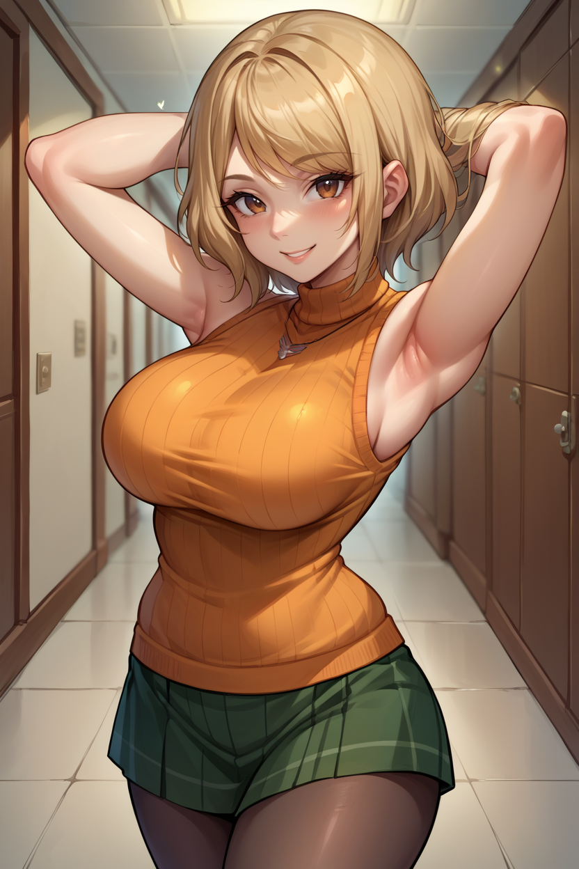 score_9, score_8_up, score_7_up, score_6_up, source_anime BREAK 1girl  <lora:ashleygraham-pdxl-nvwls-v1-000005:1> reAshley, brown eyes, bangs, necklace, orange sweater, sleeveless turtleneck, green miniskirt, pantyhose, (big breasts:0.5), looking at you, smile, arms behind head, from side, looking at you, curious, hallway