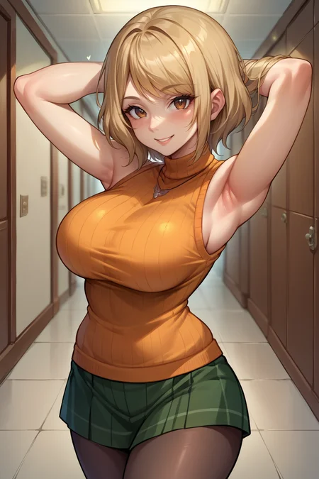 score_9, score_8_up, score_7_up, score_6_up, source_anime BREAK 1girl <lora:ashleygraham-pdxl-nvwls-v1-000005:1> reAshley, brown eyes, bangs, necklace, orange sweater, sleeveless turtleneck, green miniskirt, pantyhose, (big breasts:0.5), looking at you, smile, arms behind head, from side, looking at you, curious, hallway