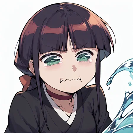 score_9,score_8_up,score_7_up,score_6_up,score_5_up,score_4_up, white background, solo, 1girl, aquacrying, wavy mouth, closed mouth, tearing up, nemu, nemu kurotsuchi, black kimono, red choker, water splash, flying ribbons, face focus, upper body