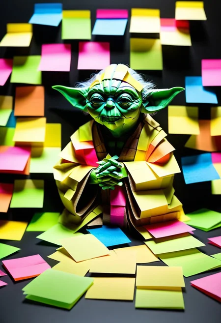 8k, Raw digital photo, sharp details, masterpiece,  high quality, hyperrealistic, mix of colors, profile, Yoda made of Jed-StickyN, emerging from the shadows, astonishing, 80mm, covered in sticky notes