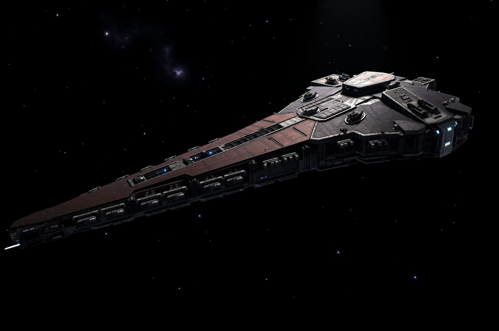 <lora:SpaceCraft_v.1:0.8> SPCCRFT style. A colossal dreadnought glides through the depths of space, its elongated, wedge-shaped form exuding an air of overwhelming power and strategic dominance. The vessel's dark, metallic hull is adorned with intricate geometric paneling and structural reinforcements, creating a layered, battle-hardened aesthetic that suggests both resilience and technological sophistication. The upper surfaces of the ship feature a blend of matte black and rust-toned plating, giving it a worn yet formidable appearance, as if it has endured countless engagements across the galaxy. The midsection of the vessel is lined with an array of heavy gun batteries, meticulously positioned along the flanks to provide maximum firing arcs across a vast battlefield. Each turret is embedded within reinforced housings, with angular armor plating designed to withstand incoming fire while delivering devastating salvos. The lower hull features additional docking bays and maintenance ports, seamlessly integrated into the ship's monolithic structure, hinting at its logistical capacity for prolonged operations. The command superstructure, rising subtly above the main body, houses advanced sensor arrays and tactical coordination systems, its angular contours enhancing the ship's sleek, predatory silhouette. The dark void of space serves as a stark backdrop, dotted with distant stars and faint nebulae, emphasizing the dreadnoughtâs immense scale and isolation within the cosmos. Rendered in a photorealistic sci-fi art style, the composition emphasizes intricate detailing, precise lighting, and a dynamic perspective that accentuates the shipâs massive presence. Soft highlights from distant celestial bodies cast subtle reflections across the hull, enhancing the texture and depth of its surface. The overall aesthetic conveys themes of strategic supremacy, relentless authority, and the unyielding pursuit of control in the vast theater of interstellar warfare.