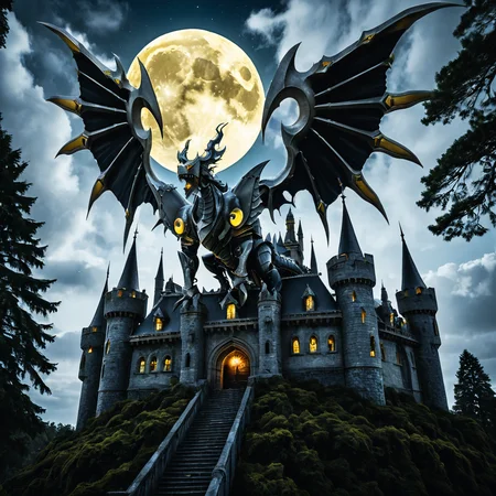 lazypos,sfw, masterpiece, best quality,absurderes,cinematic 4k epic detailed 4k epic detailed photograph shot on kodak detailed bokeh cinematic hbo, <lora:DORUgoramon:0.95>,solo,dorugoramon,wings,horns,no humans,dragon,teeth,yellow eyes,tail,full moon,clouds,dark,gothic architecture,towers,castle,outdoors,forest,roots,trees,full body,dragon focus,spread wings,standing,from below,from side,