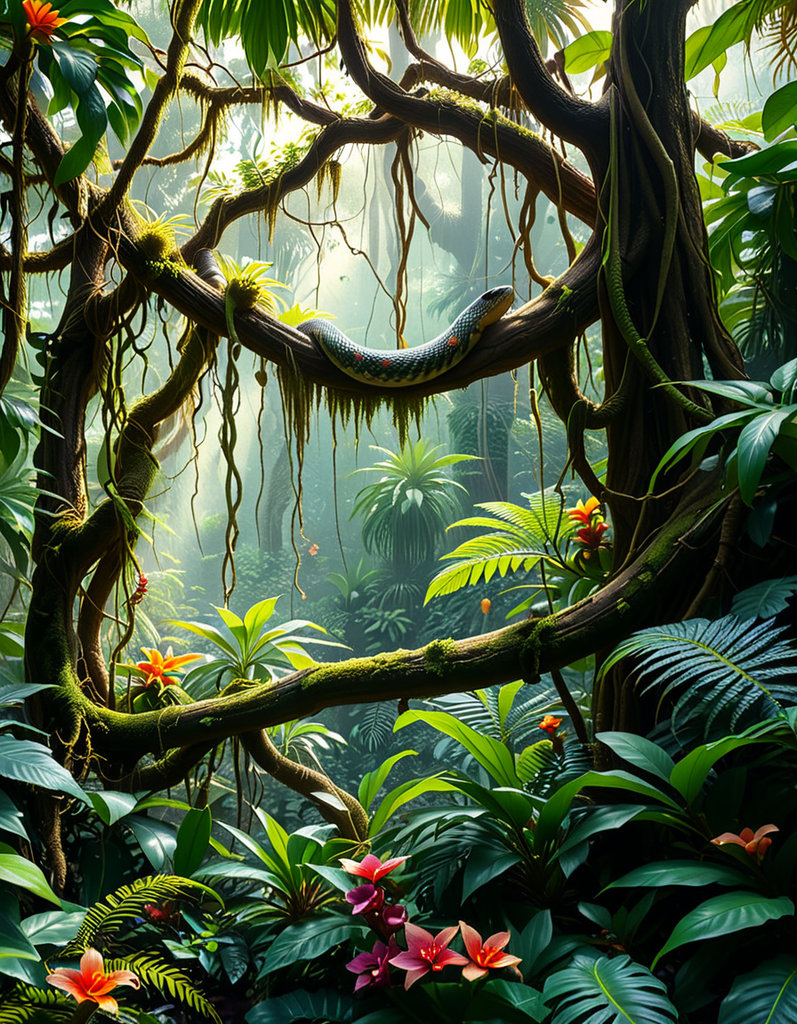 A dense and vibrant jungle,jungl3, captured in a realistic photographic style, with lush green foliage of various tropical plants, tall trees covered in moss and vines, and sunlight filtering softly through the canopy above. The atmosphere feels humid and alive, with small details such as ferns, orchids, and a scattering of tropical flowers in shades of red, yellow, and purple. A narrow, winding dirt path cuts through the undergrowth, partially hidden by fallen leaves and roots. The scene feels immersive and serene, with subtle mist lingering in the distance, enhancing the sense of depth and mystery. The overall lighting is natural, with dappled sunlight creating dynamic shadows on the ground and the surrounding plants.
<lora:jungl3:1><lora:SDXLFaeTastic2400:0.4> <lora:extremely_detailed:0.4> extremely detailed, Masterpiece,best quality,hi res,8k,hi res,8k,award winning,(sharp focus, intricate, highly detailed),