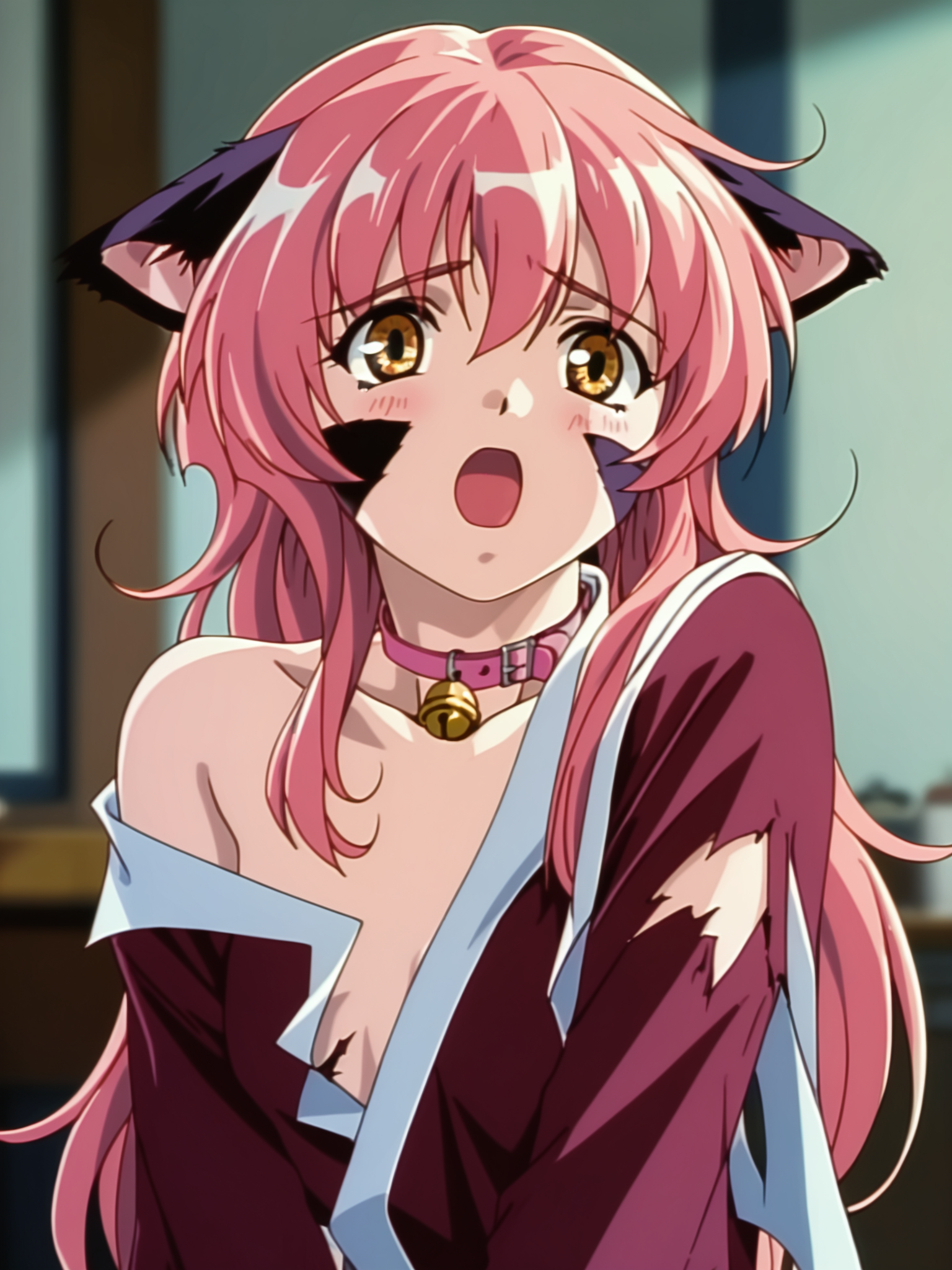 <lora:happy_tentacle-nina-v0.4-000010:0.9>, ht_nina, whisker markings, body fur, pink collar, neck bell, indoors , upper body, 1girl, (petite:1.2), solo focus, scared, torn clothes, (looking at viewer:1.1), sidelighting, (depth of field:0.8), , score_9, score_8_up, score_7_up, score_6_up, score_5_up, score_4_up,