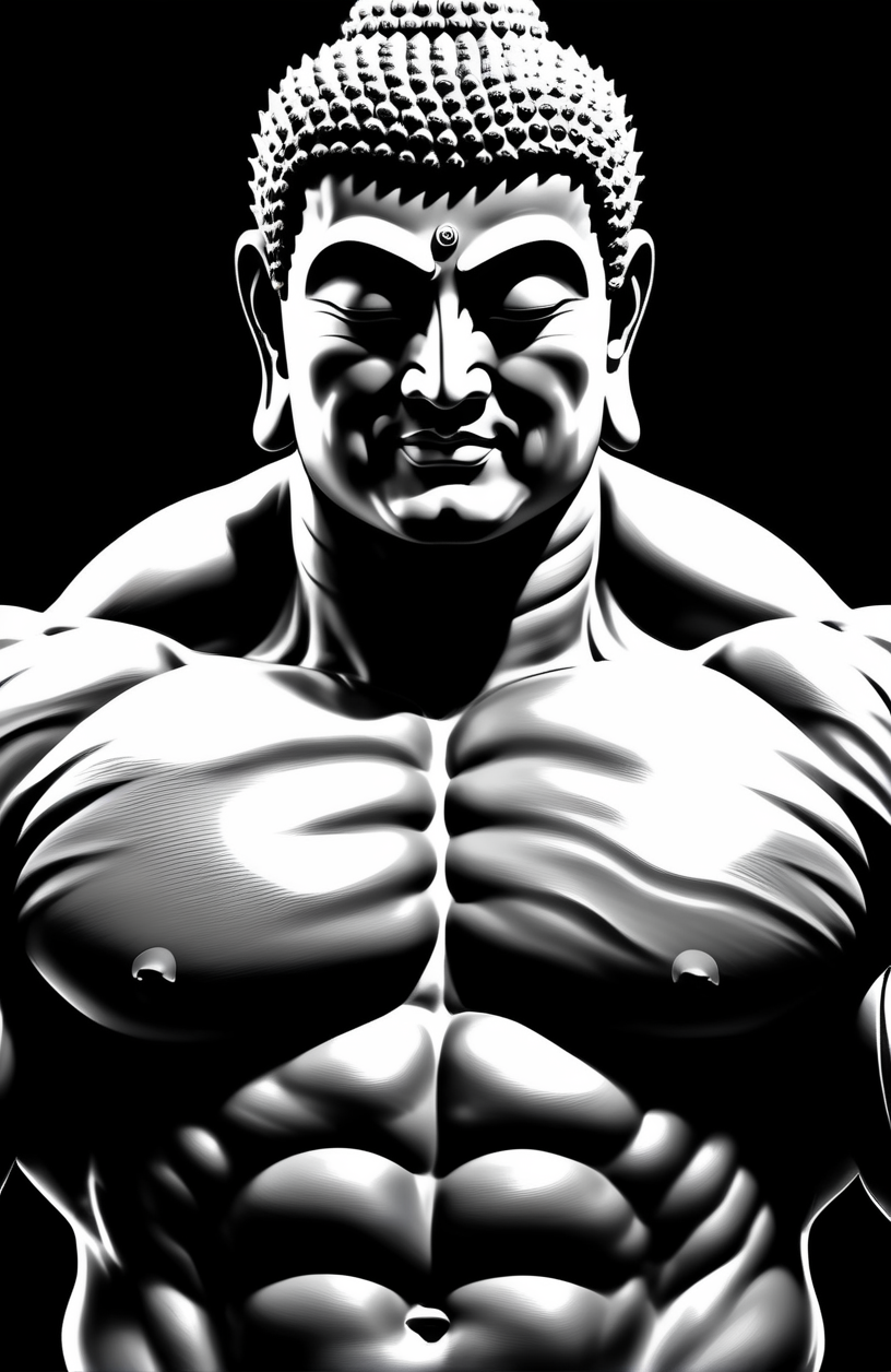  Hunky Buddha Extreme Muscle💪 , digital art 🎨, dark background 🖤,sidelighting highlights the texture of the Buddha's muscular details and texture 💡, grayscale with the muscle highlights ⚪⚫ 🟠, harmonious and powerful 🌌, 
close-up view
<lora:xl_more_art-full_v1:0.8> 
<lora:sdxl_photorealistic_slider_v1:0.6>