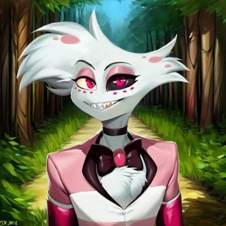 Angel[HH],Angel dust[HH], Spider[HH], Angie[HH], Freckles, pink body, light pink fur, light pink body, multiple limbs, makeup, golden tooth, coloured sclera, black sclera left eye, white sclera right eye, pink eyes, (Male anthro spider:1.3).  Solo, alone, by himself, 1boy, male.  athletic, athletic body, (athletic body), (white body:1.1), clothing, clothed, white striped suit, thigh boots, gold tooth, chest tuft, choker, bowtie, HD, digital painting, digital art, masterpiece.  Headshot, head focus, close to face, closeup, bustshot.  Happy emotion, happy.   outside, forest, trees, woods, grassy floor, grassy, (outside:1.4)  HD, digital painting, digital art, masterpiece ((bust portrait)), digital drawing (artwork), digital media (artwork), hi res.