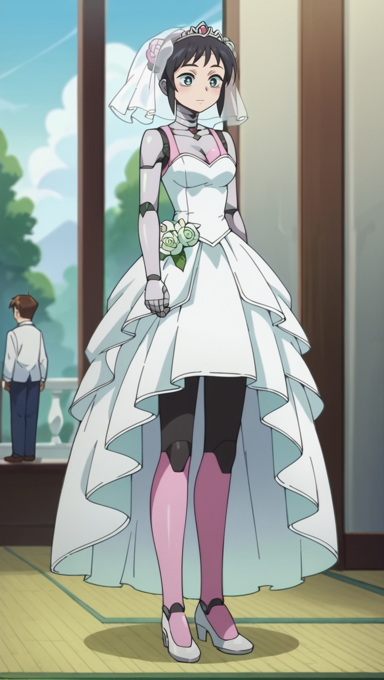 Mina, android, robot girl, anime screencap, score_8_up, score_7_up, score_6_up, wedding dress <lora:Boku_no_Tsuma_wa_Kanjou_ga_Nai-Mina-PDXL:0.8>